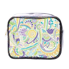 Purple, Green, Yellow Hippie Flowers Pattern, Zz0104, Mini Toiletries Bag (one Side) by Zandiepants