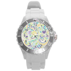 Purple, Green, Yellow Hippie Flowers Pattern, Zz0104, Round Plastic Sport Watch (l) by Zandiepants