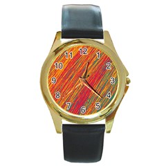 Orange Van Gogh pattern Round Gold Metal Watch