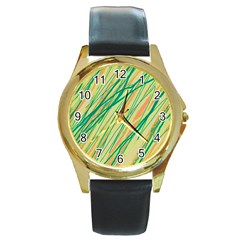 Green And Orange Pattern Round Gold Metal Watch by Valentinaart