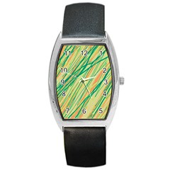 Green And Orange Pattern Barrel Style Metal Watch by Valentinaart