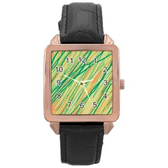 Green And Orange Pattern Rose Gold Leather Watch  by Valentinaart