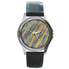 Blue And Yellow Van Gogh Pattern Round Metal Watch by Valentinaart