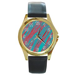 Red and blue pattern Round Gold Metal Watch