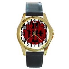 Red, black and white decorative abstraction Round Gold Metal Watch