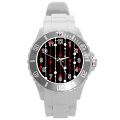 Red Black And White Pattern Round Plastic Sport Watch (l) by Valentinaart