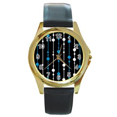 Blue, White And Black Pattern Round Gold Metal Watch