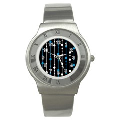 Blue, White And Black Pattern Stainless Steel Watch