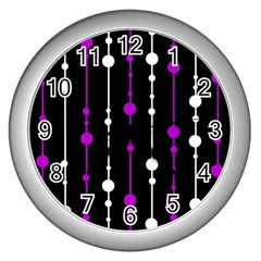 Purple, Black And White Pattern Wall Clocks (silver)  by Valentinaart