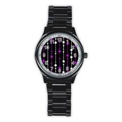 Purple, Black And White Pattern Stainless Steel Round Watch