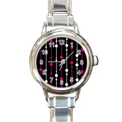 Magenta White And Black Pattern Round Italian Charm Watch by Valentinaart