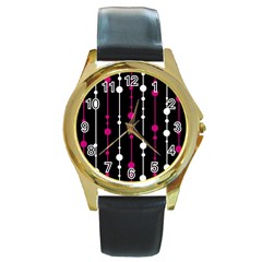 Magenta White And Black Pattern Round Gold Metal Watch by Valentinaart