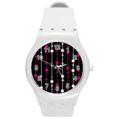 Magenta White And Black Pattern Round Plastic Sport Watch (m) by Valentinaart