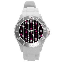 Magenta White And Black Pattern Round Plastic Sport Watch (l)