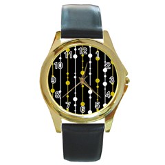 Yellow, Black And White Pattern Round Gold Metal Watch