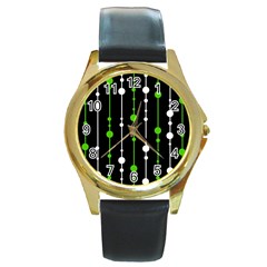 Green, White And Black Pattern Round Gold Metal Watch