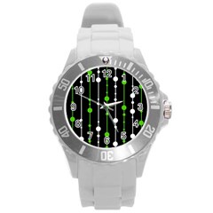 Green, White And Black Pattern Round Plastic Sport Watch (l) by Valentinaart