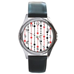 Red, Black And White Pattern Round Metal Watch by Valentinaart