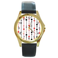 Red, Black And White Pattern Round Gold Metal Watch