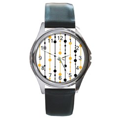 Yellow, Black And White Pattern Round Metal Watch by Valentinaart