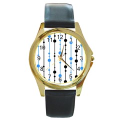 Blue, White And Black Pattern Round Gold Metal Watch