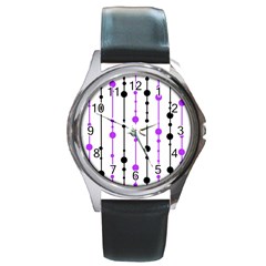 Purple, White And Black Pattern Round Metal Watch