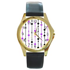 Purple, White And Black Pattern Round Gold Metal Watch