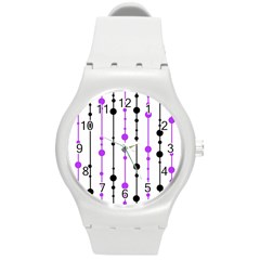 Purple, White And Black Pattern Round Plastic Sport Watch (m)