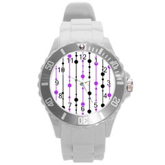 Purple, White And Black Pattern Round Plastic Sport Watch (l) by Valentinaart