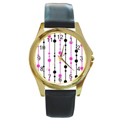 Magenta, black and white pattern Round Gold Metal Watch