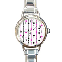 Magenta, Black And White Pattern Round Italian Charm Watch by Valentinaart