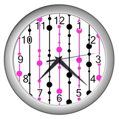 Magenta, Black And White Pattern Wall Clocks (silver) 