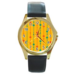 Yellow, Green And Red Pattern Round Gold Metal Watch