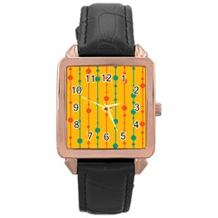 Yellow, Green And Red Pattern Rose Gold Leather Watch  by Valentinaart