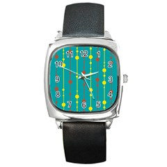 Green, Yellow And Red Pattern Square Metal Watch