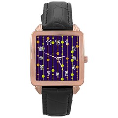 Deep Blue, Orange And Yellow Pattern Rose Gold Leather Watch  by Valentinaart