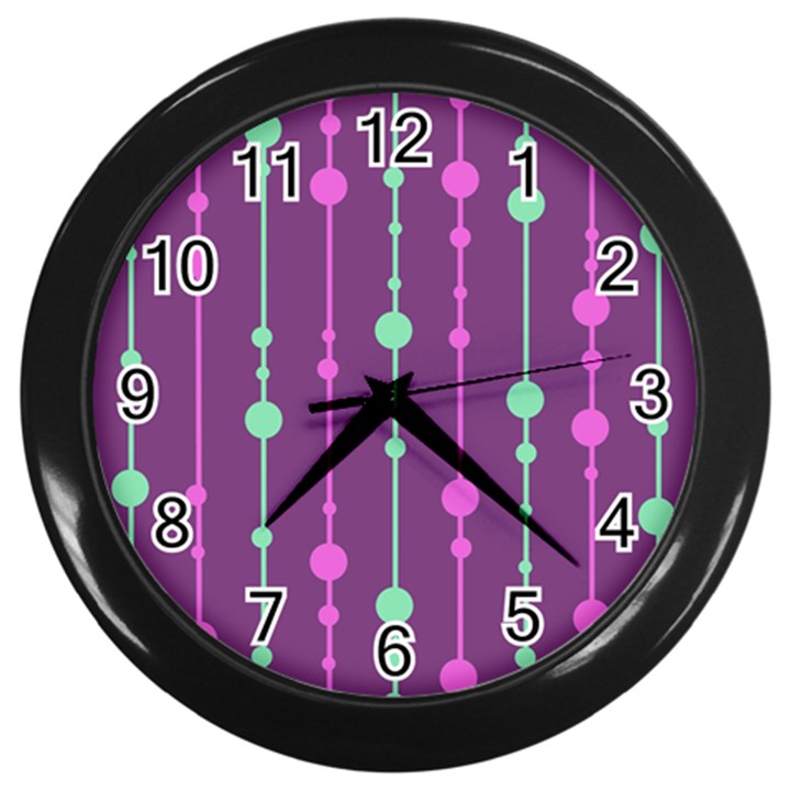 Purple and green pattern Wall Clocks (Black)