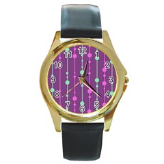 Purple and green pattern Round Gold Metal Watch