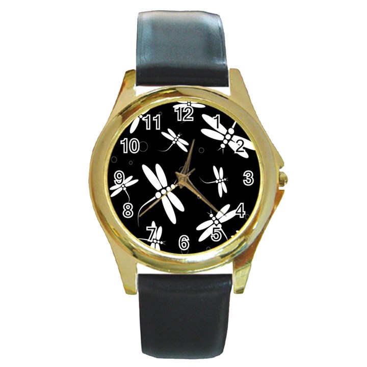 Dragonflies pattern Round Gold Metal Watch