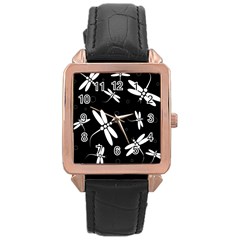 Dragonflies Pattern Rose Gold Leather Watch 