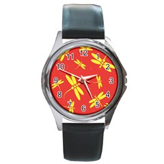 Red And Yellow Dragonflies Pattern Round Metal Watch