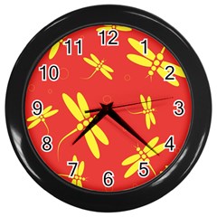 Red And Yellow Dragonflies Pattern Wall Clocks (black)