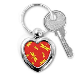 Red And Yellow Dragonflies Pattern Key Chains (heart)  by Valentinaart