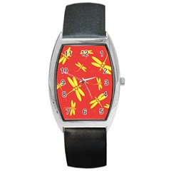 Red And Yellow Dragonflies Pattern Barrel Style Metal Watch