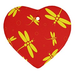 Red And Yellow Dragonflies Pattern Heart Ornament (2 Sides) by Valentinaart