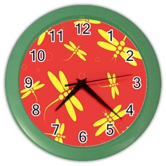 Red And Yellow Dragonflies Pattern Color Wall Clocks by Valentinaart