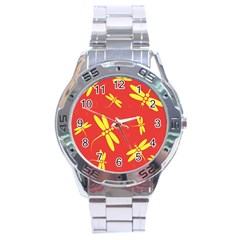 Red And Yellow Dragonflies Pattern Stainless Steel Analogue Watch by Valentinaart