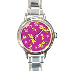 Purple And Yellow Dragonflies Pattern Round Italian Charm Watch