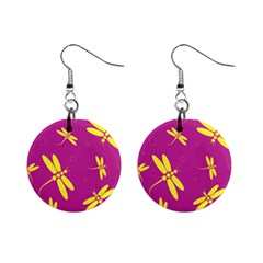 Purple And Yellow Dragonflies Pattern Mini Button Earrings by Valentinaart