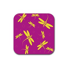 Purple And Yellow Dragonflies Pattern Rubber Coaster (square)  by Valentinaart